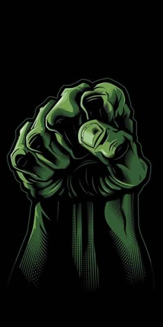 a green and black poster with a fist in the middle, on a black background