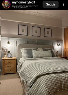 a bedroom with a bed, nightstands and pictures on the wall