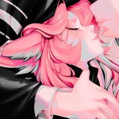 two people with pink hair are kissing and one is holding the other's head