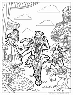 an adult coloring page featuring alice and the mad hatter in wonderland land with mushrooms