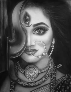 a pencil drawing of a woman's face with jewelry on her neck and nose