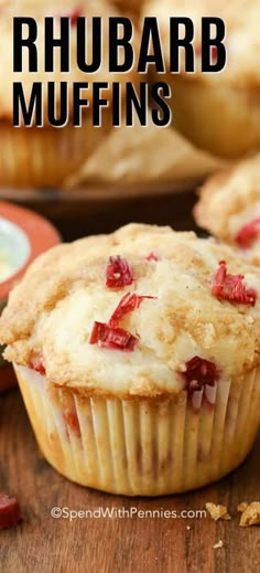 rhubarb muffins with text overlay