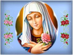 an image of the virgin mary holding roses