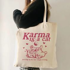 Karma Is A Cat Tote Canvas Tote Made In China 13.38 Inch Width 15.74 Inch Length Tote Bag Design Ideas, Bag Design Ideas, Karma Is A Cat, Bags Ideas, Best Tote Bags, Girls Tote, Cat Tote, Fall 24, Cute Tote Bags