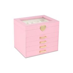 a pink jewelry box with gold handles and heart shaped knobs on the top,