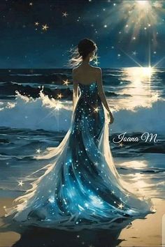 a woman standing on top of a beach under a star filled sky