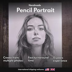 a poster with a woman's face and the words pencil portrait written below it