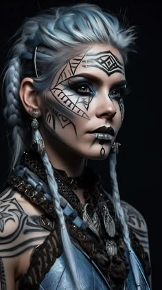 a woman with blue hair and tattoos on her face is looking at the camera while wearing braids