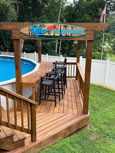 an above ground swimming pool with wooden decking and chairs on the outside patio area