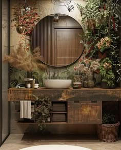 a bathroom with a sink, mirror and plants on the wall