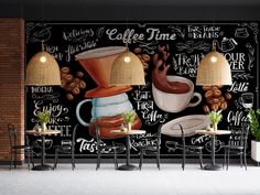 a coffee shop wallpaper mural in a cafe with chairs, tables and lamp shades