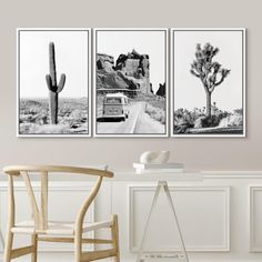 three black and white pictures hanging on the wall