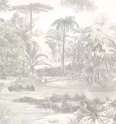 a drawing of a tropical scene with palm trees and other plants in the foreground