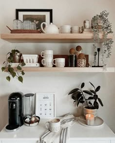 two shelves filled with dishes and cups on top of a white counter next to a potted plant