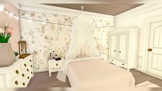 a white bed sitting in a bedroom next to a wallpapered wall with flowers on it