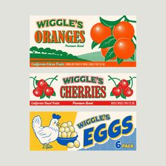 three different labels with oranges, apples and cherries on them are shown in this illustration