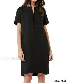 OliviaMark - Premium Cotton Linen Short Sleeve Dress - Relaxed Fit, Elegant V-Neck Maxi Dress Solid Dress Casual, Midi Dress With Pockets, Casual Sundress, Linen Dress Women, Short Sleeve Maxi Dresses, Basic Outfits, Dresses Short, Maxi Dress With Sleeves, Pocket Dress