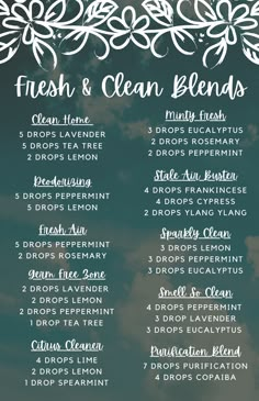 Essential Oil Blends for Every Need Essential Oils Fresh Clean Scent, Clean Scent Essential Oil Blends, Deodorizing Essential Oil Blends, Luxury Hotel Essential Oil Blends, Guru Nanda Essential Oils Recipes, Fresh Essential Oil Blends, Young Living Essential Oils Recipes Diffuser, Sage Essential Oil Blends, Clean House Diffuser Blend