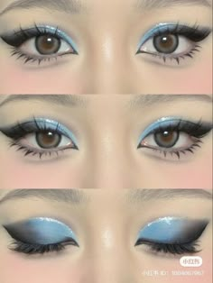 Eye Makeup That Makes Blue Eyes Pop, Blue Wedding Makeup Looks, Light Blue Eyeliner Looks, Blue Formal Makeup, Blue And White Eyeshadow Looks, Blue Themed Makeup, Blue And Black Eye Makeup, Blue And Silver Eye Makeup, Cute Blue Makeup