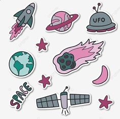 various stickers with space and stars on them, including an airplane, spaceship, rocket ship