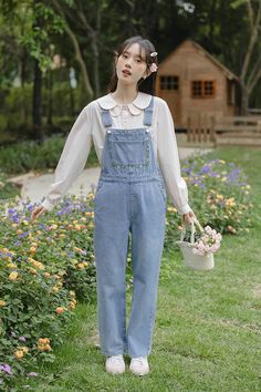 Classic denim overalls with floral embroidery around the bib, roomy side pockets, back pockets, button up sides and tapered legs. S: 32" waist, 40" hips, 12" rise, 23.5" thighs, 17" ankles, 23" inseamM: 33.5" waist, 41.5" hips, 12" rise, 24.5" thighs, 17.5" ankles, 23" inseamL: 35" waist, 43" hips, 12" rise, 25.5" thighs, 18" ankles, 23" inseam How to attach buckles:Slide the rectangular buckle on first, followed by the T-shaped buckle. Overall straps will hold on its own as such or you can slid Vintage High-waist Spring Overalls, Blue Overalls Aesthetic, Blue 90s Style Overalls, Embroidered Overalls Pocket, Overalls Outfit Aesthetic, Softgirl Outfits, Spring Denim Blue Button-up Overalls, Overalls Outfits, Overalls Fashion