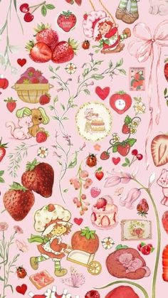 a pink background with many different items on it