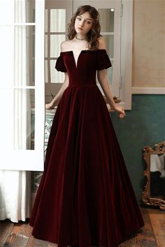 Joyofdress off the shoulder wine red velvet long formal dress features with bell sleeves, pockets inside and lace up back.   Color: Burgundy.  Fabric: Velvet. Shell: 100% Polyester Length: Full Length Back: Lace-Up. Fully lined. Built-in bra Hand Wash Cold. Do Not Bleach. Line Dry. Iron Low Heat. Dinner Dress Formal, Long Party Dress, Velvet Bridesmaid Dresses, Prom Dresses With Pockets, Burgundy Prom Dress, Burgundy Velvet, A Line Prom Dresses, Dinner Dress, Party Dress Long