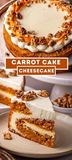 carrot cake with white frosting and walnuts on top