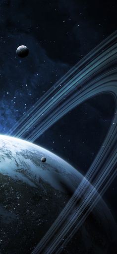 an artist's rendering of the planets and their satellites in space, with rings around them