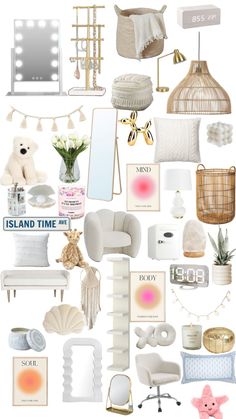 a collage of white furniture and accessories with pink flowers in the center, on a white background