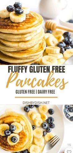 pancakes with blueberries and bananas on top are shown in this postcard for fluffy gluten free pancakes