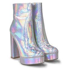 Silver Heel Boots, Python Shoes, Holographic Boots, Holographic Shoes, Python Boots, Holographic Fashion, Boots Outfit Ideas, Snake Print Shoes, Snake Print Boots