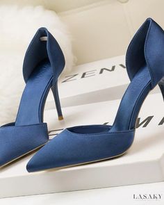 Lasaky - Stylish and Fashionable Solid Color Satin High Heels with Thin Heels and Hollow Design - Exuding Elegance Blue And Silver Heels, Satin High Heels, Knit Shoes, Point Shoes, Hollow Design, Silver Heels, Fashion Sandals, Cut Out Design, Open Toe Sandals