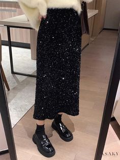 Lasaky - Stylish Banquet Velvet Sequin Mermaid Black Midi Skirt Ladies Night Outfit, Velvet Long Skirt, Sequin Skirt Long, Fitted Midi Skirt, Sequin Midi Skirt, Split Skirt, Winter Fabric, Long Maxi Skirts, Black Midi Skirt