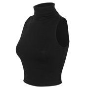 62% Polyester/ 34% Rayon / 4% Spandex Hand Wash Cold, Do Not Bleach, Tumble Dry Sleeveless Turtleneck Crop top / Above belly length Soft and lightweight rib knit fabric with stretch for comfortable fit Fold over turtleneck option/li> Made in USA Size: L.  Color: Black.  Gender: female.  Age Group: adult. Sleeveless Turtleneck Crop Top, Crop Top Knit, Turtleneck Crop Top, Turtle Neck Crop Top, Rib Knit Fabric, Sleeveless Turtleneck, Ribbed Turtleneck, Turtle Neck Top, Fold Over