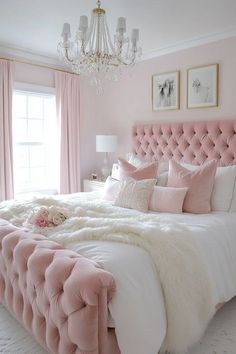 a pink and white bedroom with chandelier, bed, pillows, and rugs