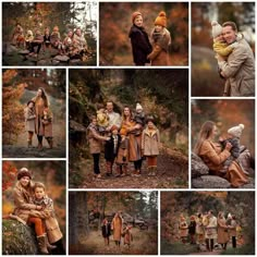 a collage of photos with people in the woods and trees, one holding a baby