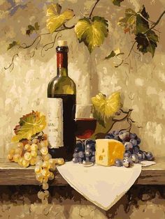 a painting of grapes, cheese and a bottle of wine