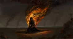 a painting of a person standing in front of a large fire with flames coming out of it