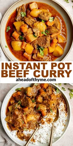 instant pot beef curry in a bowl with rice and chopsticks