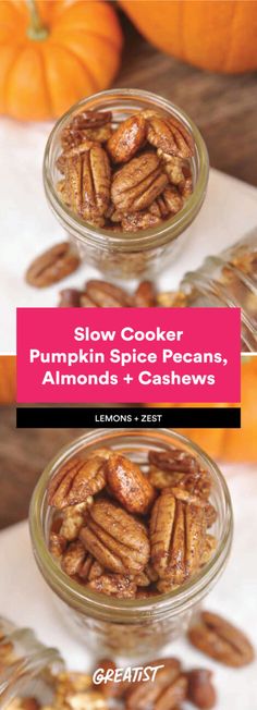 two glass jars filled with pumpkin spice pecans