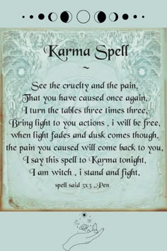 Unlock the power of karma spells to speed up positive energies and bring balance to your life. Discover how to cast instant spells with powerful chants. Dive into the world of witchcraft and make it work for you! 🌟 #KarmaSpell #Witchcraft #SpellCasting #InstantKarma #Chants #Magick #Spirituality Banishing Spell Chant, Protection Spell Chant, Powerful Banishing Spell, Witch Chants Magic Spells, Positive Spells, Cast A Spell, Spells To Protect Yourself, Protection Spells For Work, Witchcraft Chants Magic Spells