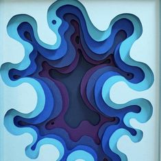 an abstract paper cut design in blue and purple colors on a white background with black edges