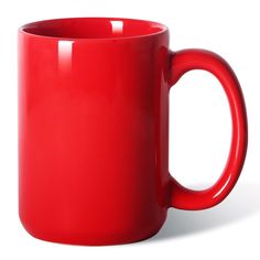 a red coffee mug is shown on a white background, with the handle slightly down