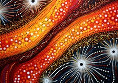 an abstract painting with circles and stars on it's surface in red, orange, yellow and black colors