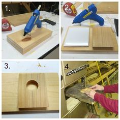 four pictures showing how to make a wooden box with glue and wood shaving tools