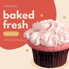 a red cupcake with white frosting and stars on it is featured in an ad for baked fresh