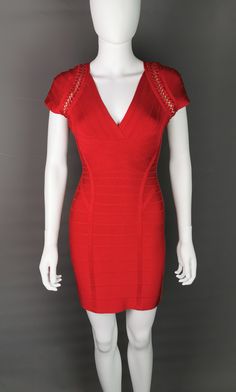 Turn some heads in this stunning Herve Leger by Max Azria bandage dress.  Iconic figure hugging dress in the signature bandage style with crochet detailing to the capped sleeves.  It is a gorgeous vibrant lipstick red colour and is in great condition!  Zips up the back with a zipper fastening.  Labelled for Herve Leger by Max Azria, size S.  90% rayon with nylon and elastane.  Condition: Very Good used condition overall, minor signs of use and wear commensurate with age, a few very tiny marks tu Figure Hugging Dress, Bandage Dress Herve Leger, Herve Leger Dress, Lipstick Red, Max Azria, Capped Sleeves, Herve Leger, Red Colour, By Max