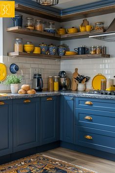 a kitchen with blue cabinets and yellow dishes