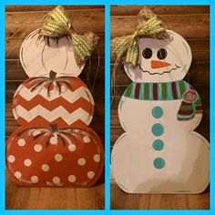 three paper pumpkins with snowmen on them